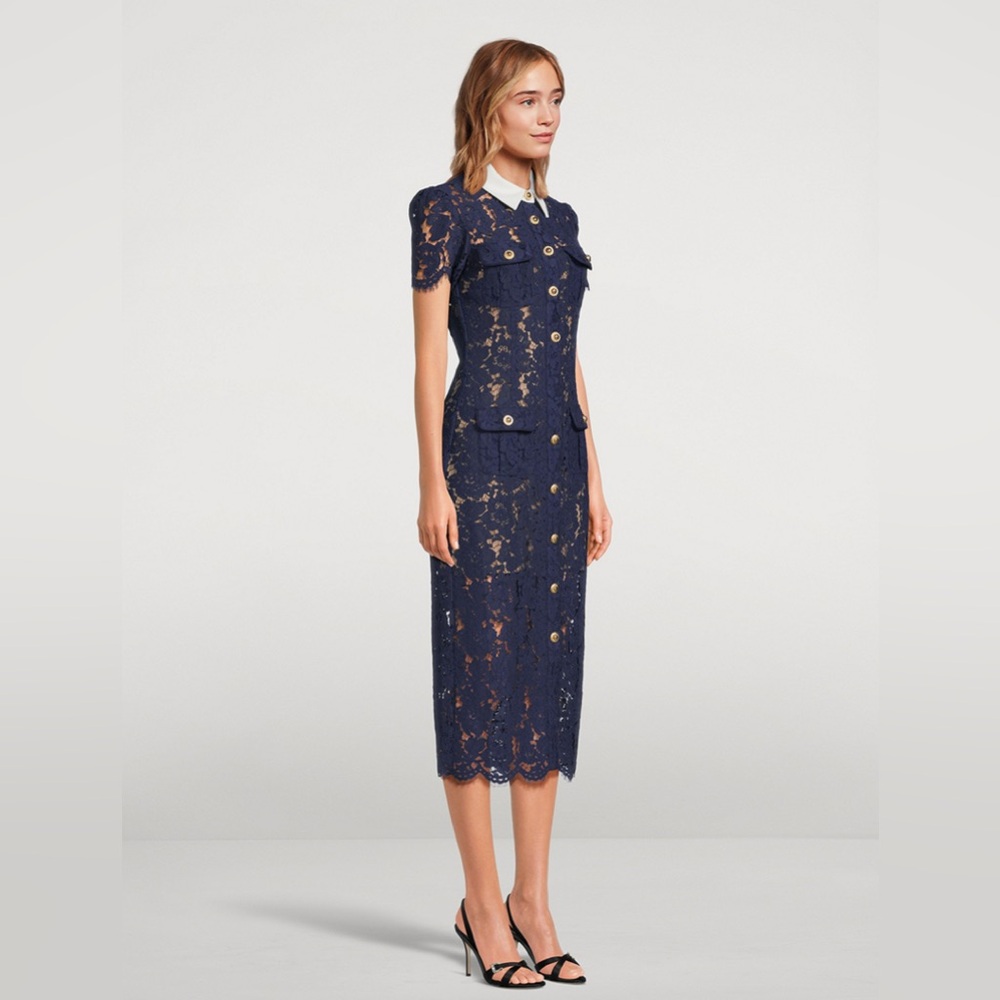 New with tags - Self-Portrait Navy Lace Midi Dress with White Collar US 4 - Picture 14 of 17